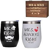 Mr. and Mrs. Right Wine Tumbler Set with Wooden Gift Box, Gift for Couples,Insulated Stainless Steel, Funny Gifts for Couples, Bridal Shower Gifts, Christmas (White (MRS) &Black(MR))