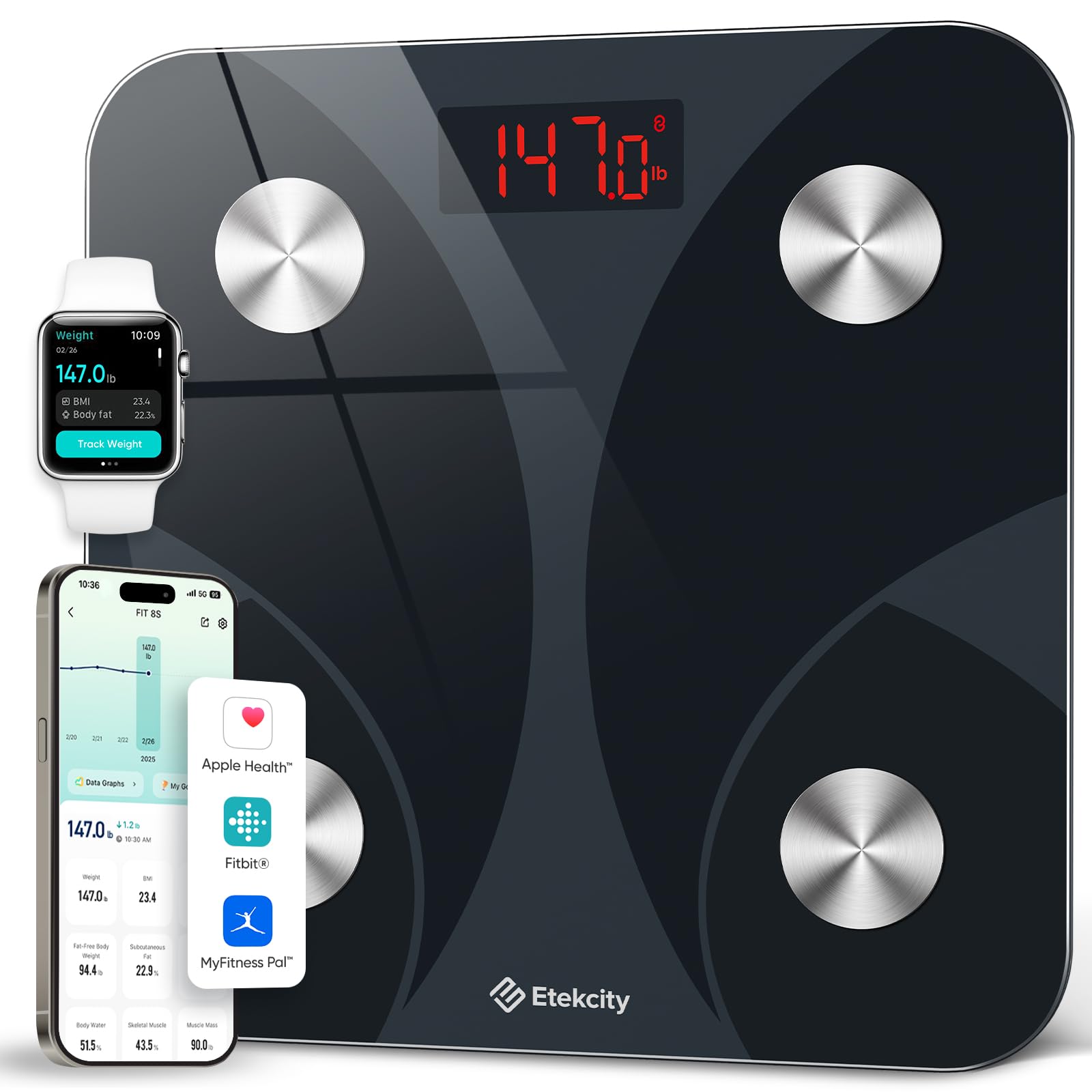 Etekcity Scales for Body Weight, High Precision 0.1lb Bathroom Digital Weighing Scale with Phone App & Bluetooth, Smart Body Composition Monitor for BMI, Body Fat, Muscle Mass, Durable Glass Ash-black