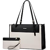 LOVEVOOK Laptop Tote Bag for Women 15.6 Inch Stylish Leather Work Tote Bag Purse Large Capacity And Waterproof Computer Briefcase for Business Office Travel, White-Black | 15.6 Inch, Stylish, Leather, Purse, Large Capacity, Waterproof