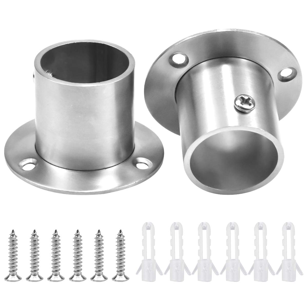 2pcs Wardrobe Rail Rod Pole Socket, Adjustable 32mm Dia Wardrobe Pipe Bracket, Stainless Steel Rod Socket Flange Set, Wall Mount Hanging Rail End Supports for Closet Curtain (Silver)