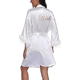 PENGEE Feather Bride Robe for Women White Bridal Silky Satin Bathrobe with Embroidery Wedding Party Dressing Gown