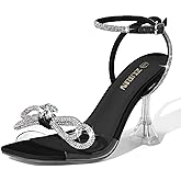 ZURIN Women's Rhinestone Bow Heels Square Toe Clear Heeled Sandals Slingback High Heels Dress Party Evening Prom Crystal Shoes