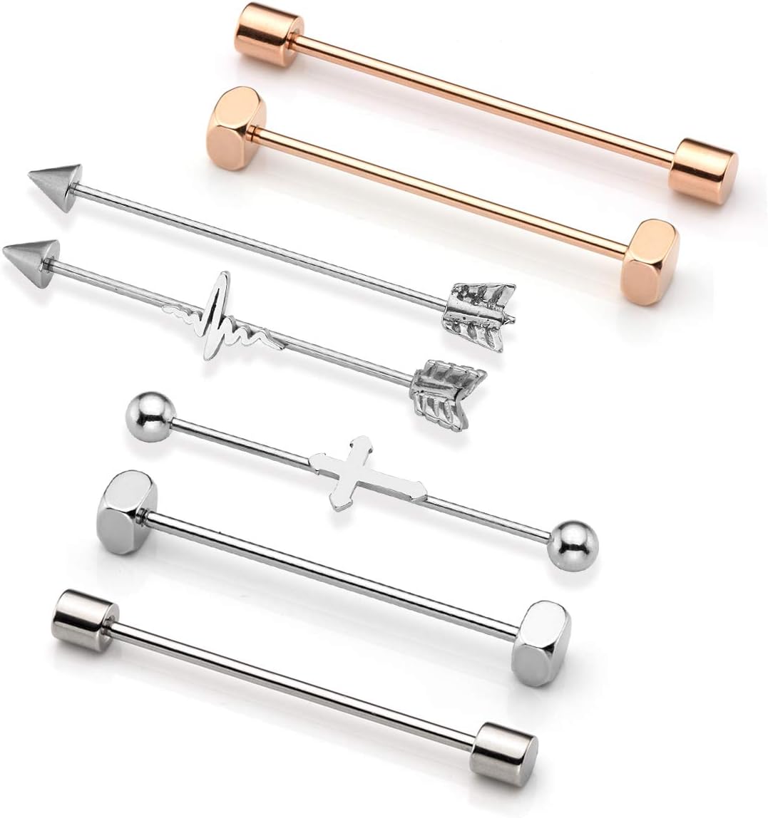 BOPREINA 6-7Pcs 14G-16G Stainless Steel Industrial Barbell Earrings for Women Men Cartilage Helix-Conch Piercing Jewelry 1 1/2 Inch(38mm)