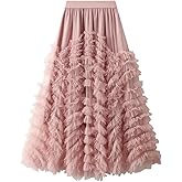 SUNYUESTAR Mesh Pleated Skirts for Women Trendy High Waisted A Line Fluffy Ruffle Midi Skirt