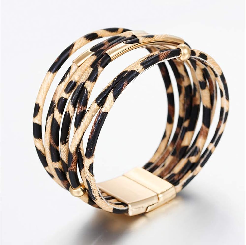 Fesciory Leather Wrap Bracelet for Women, Leopard Multi-Layer Magnetic Buckle Cuff Bracelet Jewelry: Clothing