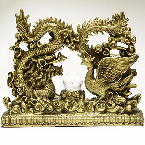 置物 天然石のレインボー水晶玉 虹入り水晶 が鎮座 風水インテリア 龍と鳳凰 風水置物 銅製 大サイズ 龍鳳 B074fynpzz 龍 お礼や感謝伝えるプチギフト