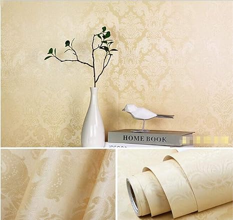 Amazon Birwall 48 4 平方フィート 01 ベージュダマスクテクスチャ 剥がして貼れる壁紙 装飾 自己粘着 接着剤付き壁紙 壁紙
