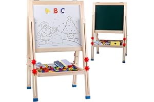 Potamish Wooden Art Easel for Kids (Double Sided) - Standing Magnetic Whiteboard Chalkboard Small Toddler Toys PM-048-D