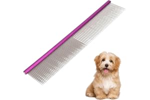 COMFECTO Pet Comb 8 inches Comfortable Grooming Comb with Different-Spaced Rounded Stainless Steel Teeth, Easy Grip and Convenient Grooming for Pets Dog Cat with Medium Coarse Fur - Purple