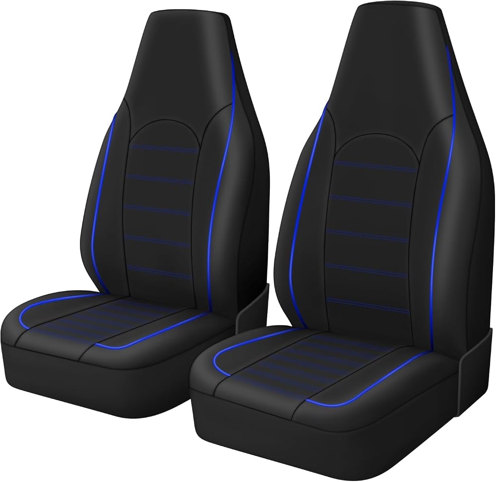 TOYOUN Classic Front Seat Covers PU Leather 2 Piece Blue Stitch Fit Most Cars