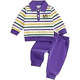 GOOCHEER Toddler Baby Boy Mardi Gras Outfit Button Collar Striped Long Sleeve Sweatshirt Pullover and Pants Set