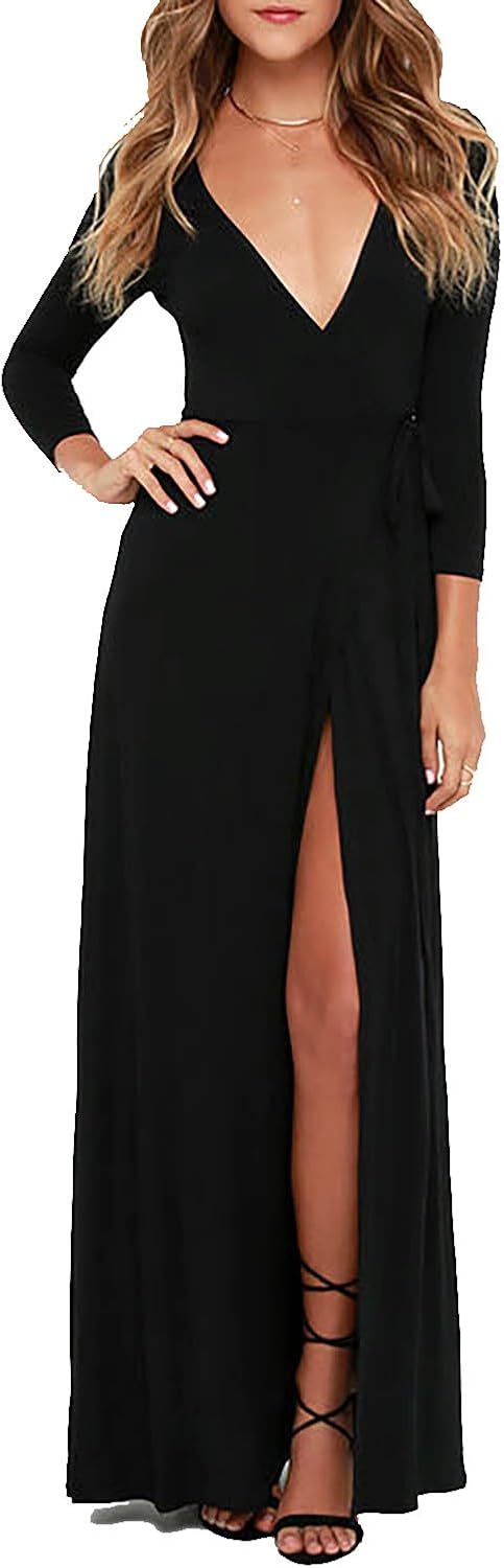 Vivicastle Women's USA Sexy Long Sleeve Tulip Wrap Slit Front Full Long Maxi Dress at  Women’s Clothing store