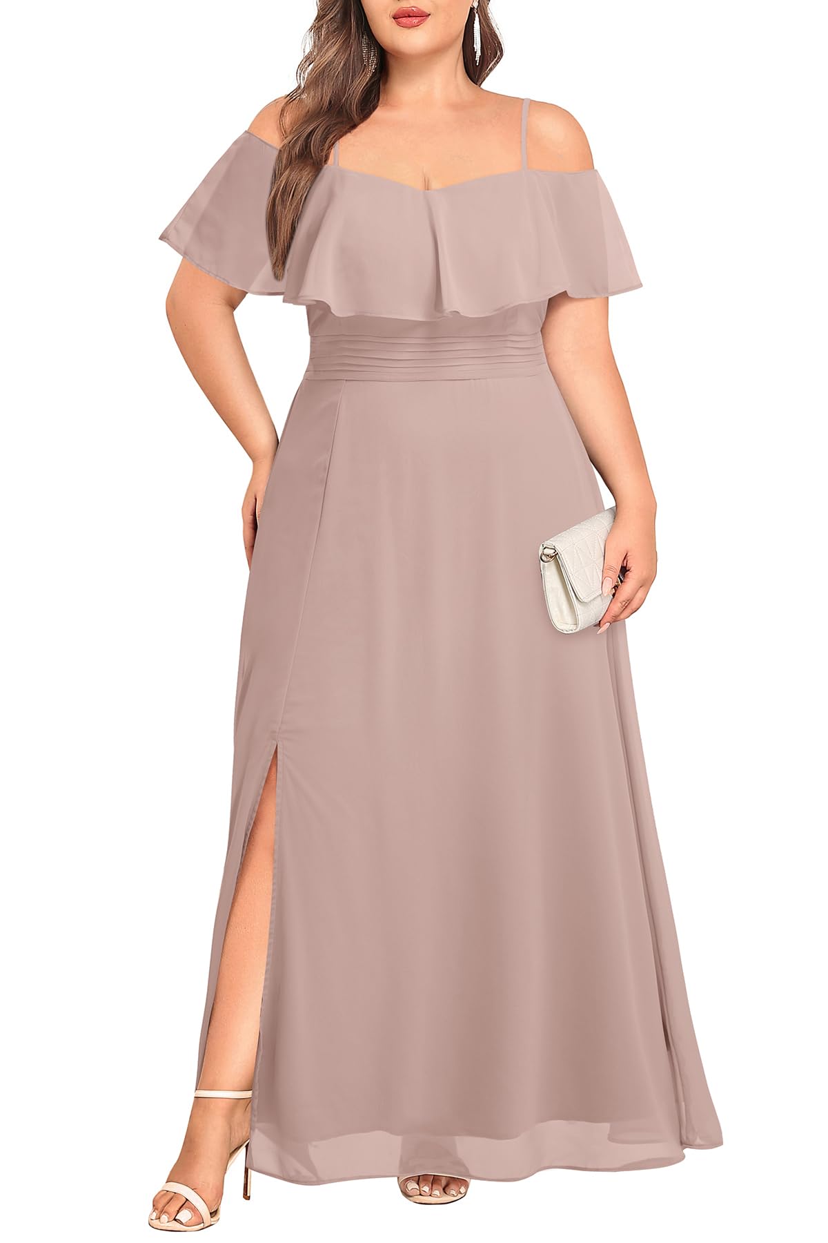 Photo 1 of Women Plus Size Bridesmaid Dresses Pink Dusty Off Shoulder Elegant Evening Chiffon High Split Ruched A-Line Long Dress