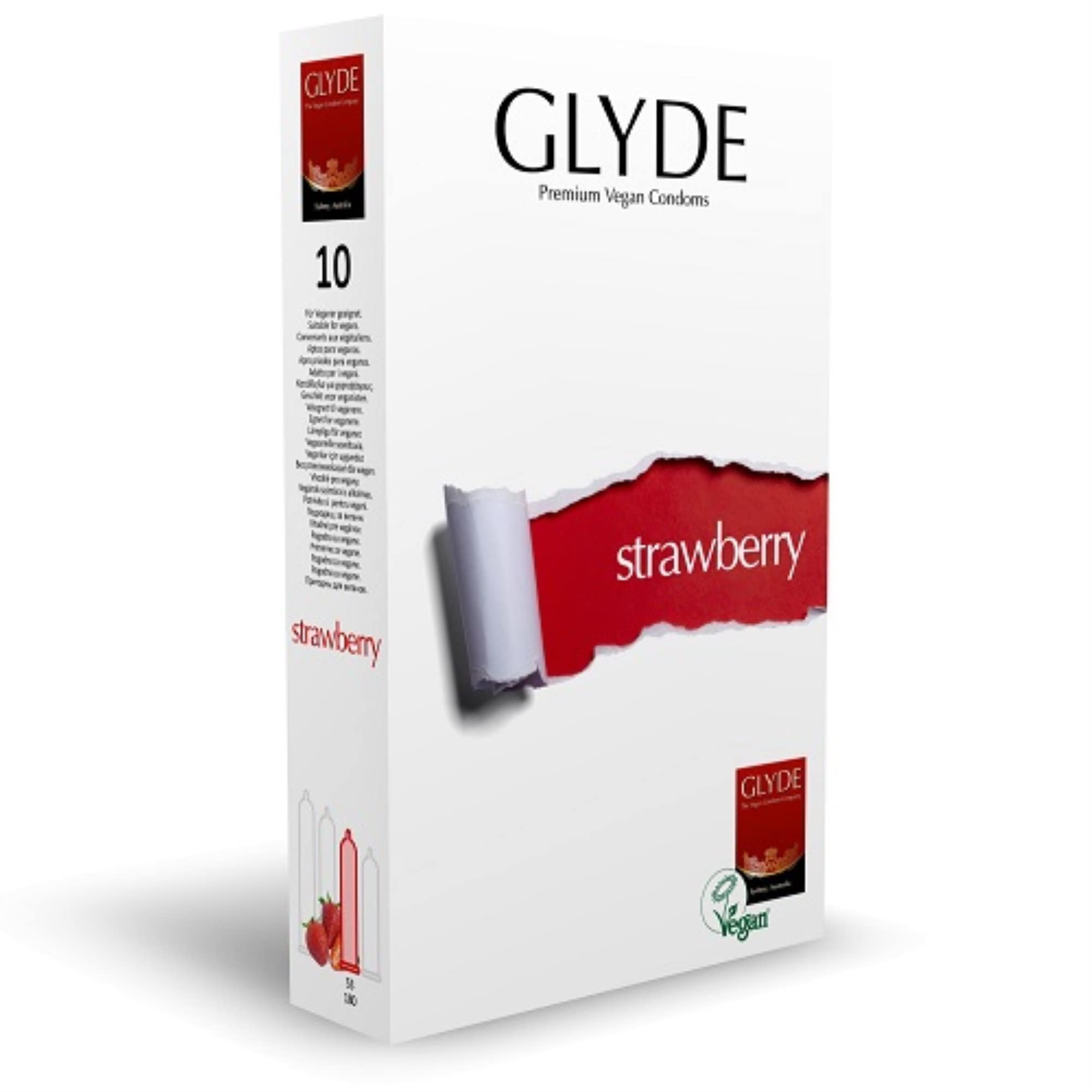 Glyde Ultra Strawberry 10 red Condoms with Strawberry Flavour, Certified with The Vegan Flower