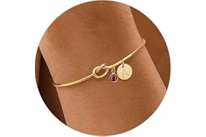 KAERUN Initial Birthstone Gold Bracelets for Women Trendy 14K Gold Plated Letter A-Z Initial Charm Bracelet Tie the Love Knot Adjustable Cuff Bangle Birthstone Bracelets Birthday Bridesmaid Proposal Gifts