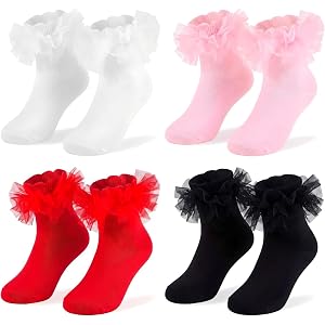 Dioxay 4 Pairs Extra Fluffy Ruffles Socks, Girls Frilly Lace Ankle Socks | 3M-8Years,Breathable,girls frilly socks, flower gi
