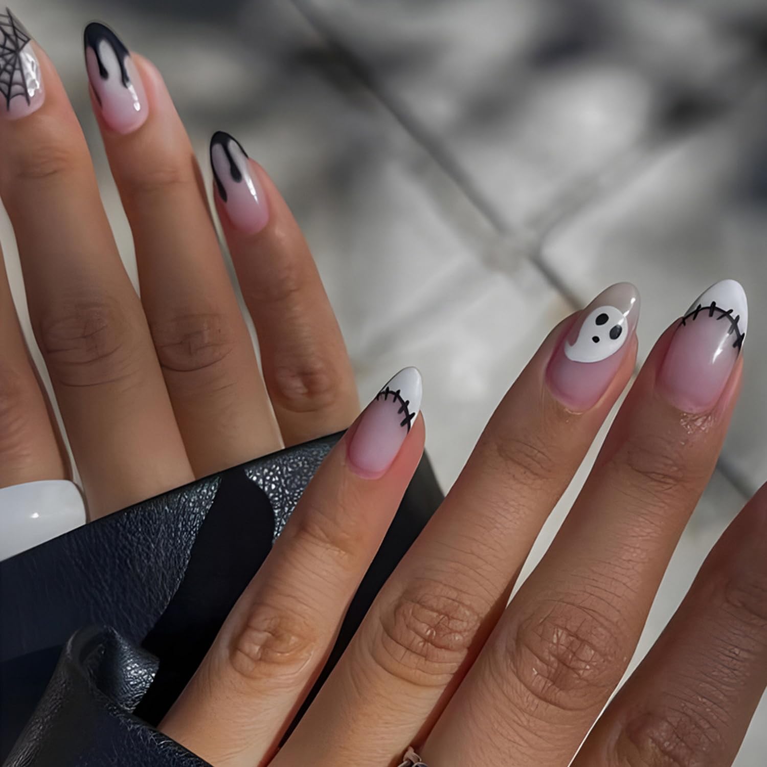 Photo 1 of Halloween Press on Nails Almond Fake Nails with Spider Web Blood Drops Designs Cute Glue on Nails White Pink Gradient French Tip Nature Acrylic Nails for Women Girls Party Nails Decorations