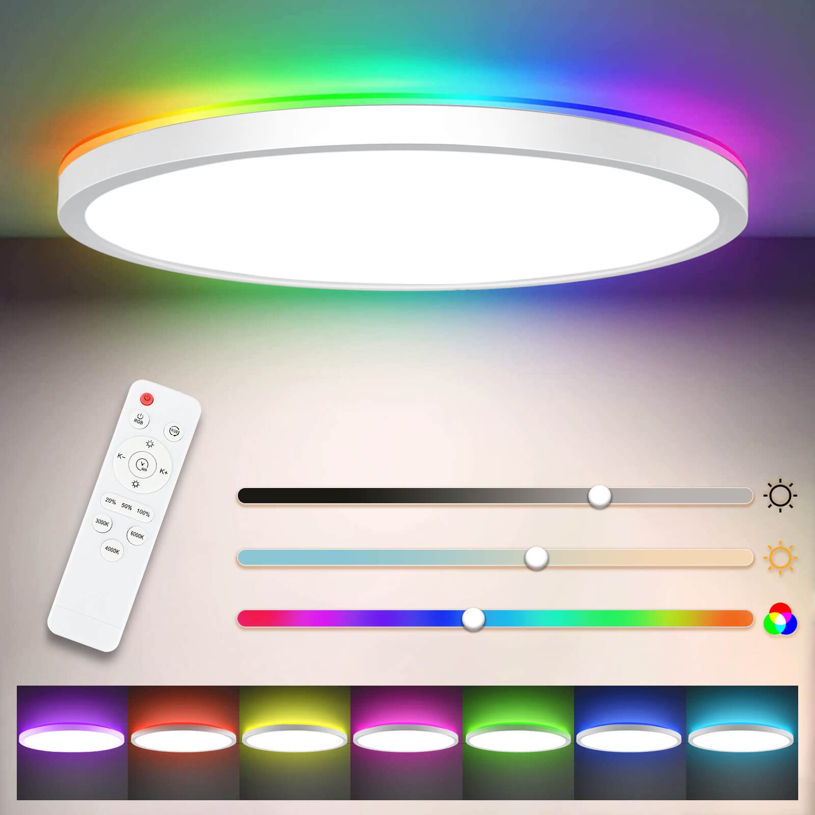 JCCTC LED Ceiling Light with RGB Backlight, 24W 3200LM 3000K-6500K Dimmable with Remote Control, RGB Chasing Timer & Memory, IP44 Ultrathin Round Ceiling Light for Bedroom/Living Room/Bathroom/Kitchen