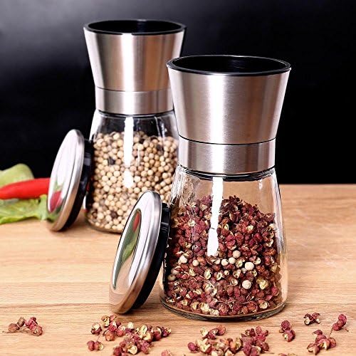 Premium Salt and Pepper Grinder Set- Brushed Aluminium Salt and Pepper Shakers - Modern Salt and Pepper Shaker Set With Glass Body- Adjustable Coarness Mills - Easy to Refill Grinders