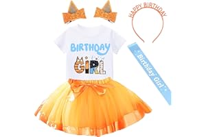 hewtwerck Birthday Girls Outfit T-Shirt Tutu Skirt Sets with Blue Ears Hair Clips Headband and Satin Sash…