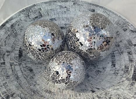 Mosaic Balls Set Of 3 Silver Decorative Glass Balls 8cm 10cm