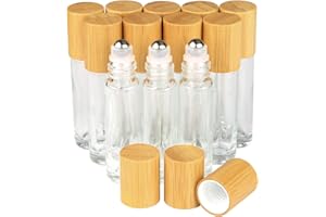 GLASSTORE Clear Refillable Glass Empty Roll on Bottles Roller Bottle,10ml Bamboo Roll On Bottle For Essential Oils Perfume Sample Bottles With Stainless Steel Roller Ball &Bamboo Cap,12pcs