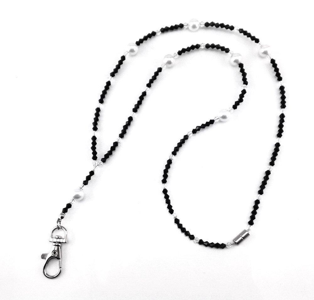 Honbay Super Slim Fashion Black Beaded White Pearl Lanyard Neck Strap with Lobster Clasp for ID Tags, Name Card, Business ID Card Holder, Badge Reel