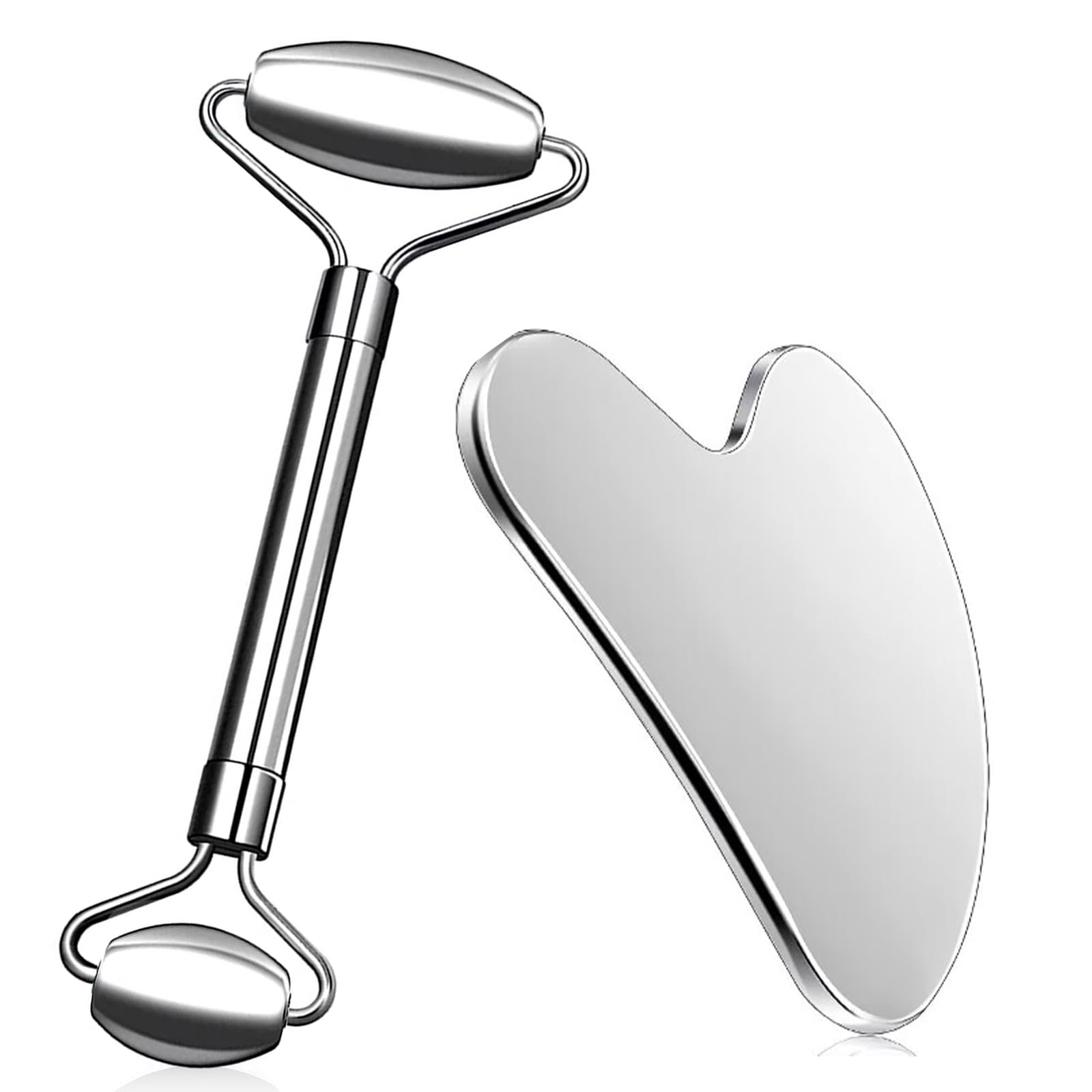 Stainless Steel Gua Sha and Facial Roller, Massage Kit 2 in 1, Guasha Face Roller Massage, for Eyes, Face and Body, Skin Care and Relaxation