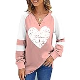 Roshop Valentines Shirt Women Loose V-Neck Cute Long Sleeve Holiday Heart Shirts