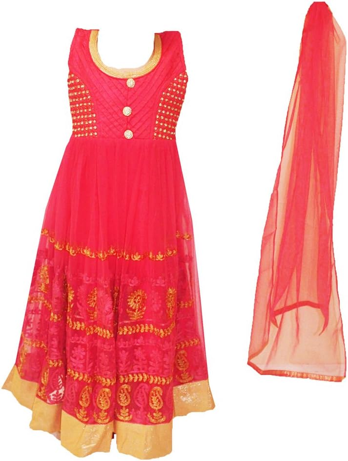 Zaffron Girls' Designer Salwar Kameez Indian Party Clothing Cherry Red with Gold Accents