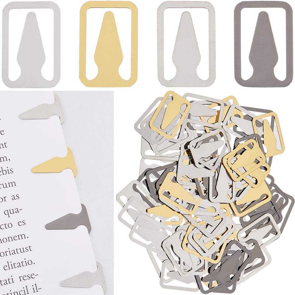 SUNNYCLUE 1 Box 80Pcs 4 Colors Bookmark Clips Stainless Steel Bookmarks Silver Gold Black Book Mark Rectangle with Arrow Metal Line Page Book Markers Accessories for Reading Books lover Women Men