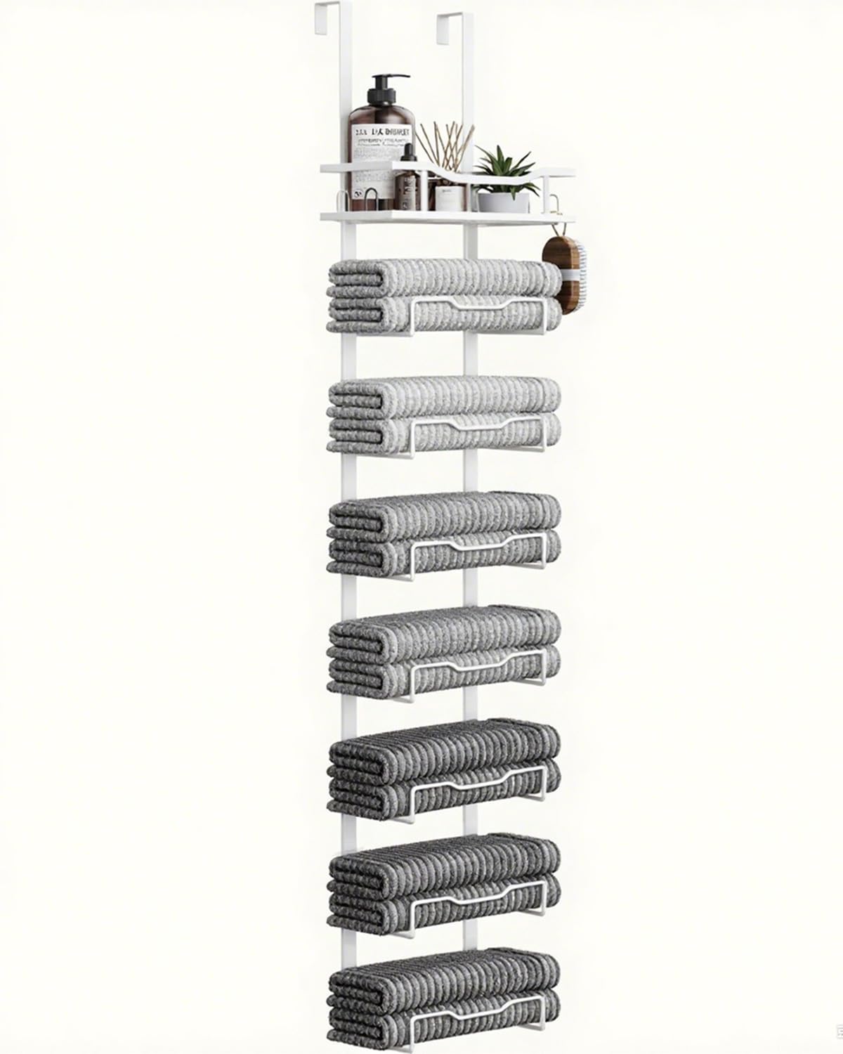 Hanging Towel Racks for Bathroom No Drill - Over The Door 8-Tier Bath Towel Storage Organizer for Small Bathrooms - Back Door Large Tiered Towel Holder Hanger for Rolled Towels RV Camper White
