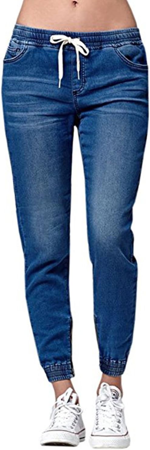 chimikeey Womens Jogger Denim Pants Elastic Drawstring Waisted Stretchy Casual Blue Jeans