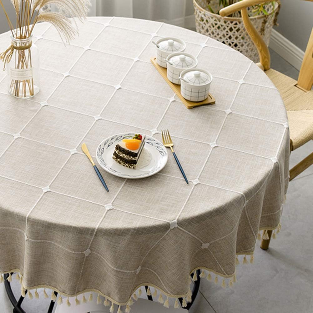 Vedouci Round Table Cloth Wrinkle Free Stitching Tassel Tablecloth Polyester Round Table Cloths Washable Tablecloths for Round Tables for Dining Kitchen (Round,55 inch,Light Brown)
