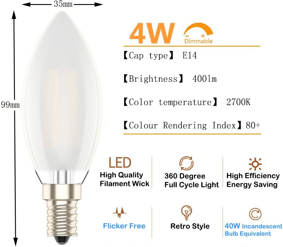 E14 Dimmable Led Candle Bulb,C35 SES Small Edison Screw,4w Equivalent 40w, Warm White 2700K (2, Warm White) - Image 3
