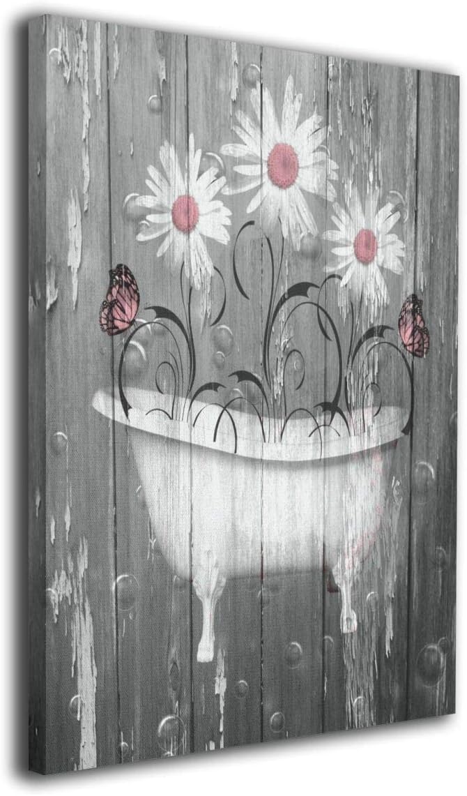 Amonee 16"x20" Canvas Wall Art Print Pink Gray Rustic,Dasiy Flowers Butterfly Farmhouse Bathtub Framed Canvas Pictures Prints Contemporary Artwork Ready to Hang for Home Decoration Wall Decor