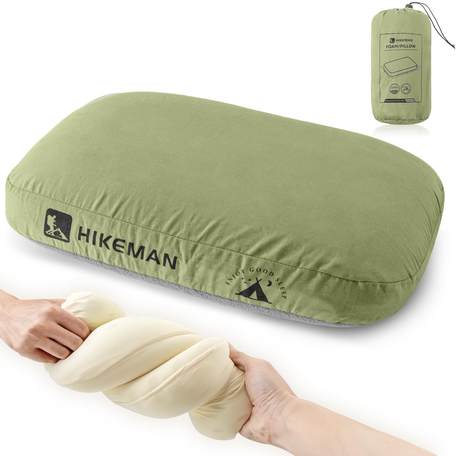HIKEMAN Camping Memory Foam Pillow - Ultralight Travel Pillow Neck Support Pillow,Soft Ergonomic Sleeping Pillows for Camping,Car,Beach,Office (Army Green)