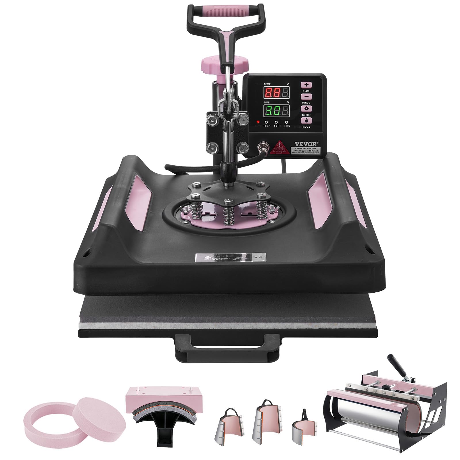 Photo 1 of ***DAMAGED  -SELLING AS REPLACEMENT  PARTS ONLY*** VEVOR Pro 15x15 Heat Press with 30 OZ Tumbler Attachment, 8in1 Combo Tumbler Hat Heat Press for T-Shirts, Tumblers Glass Cans Mugs Hats Caps, and Plates (Black & Pink)