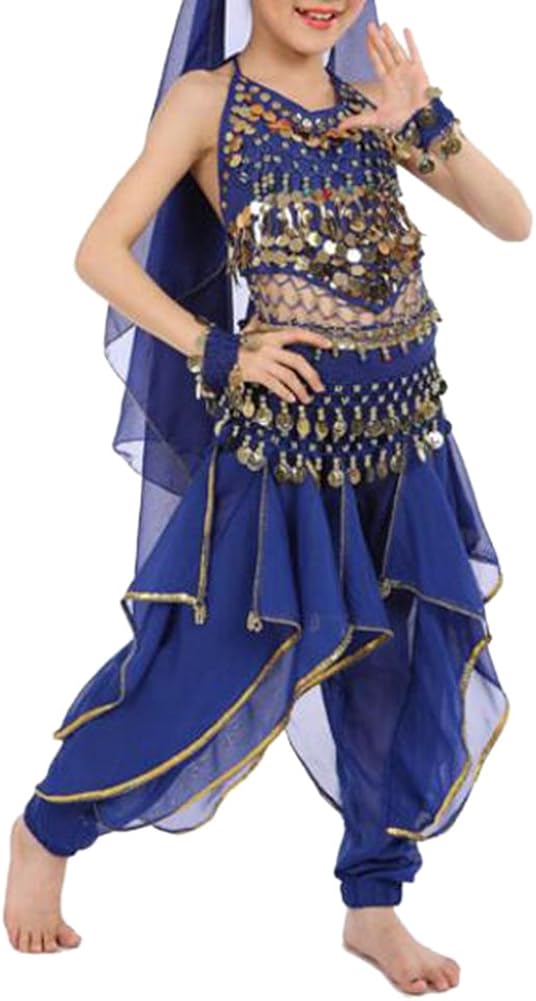TOPTIE Kid's Belly Dance Costume Set, Halter Top, Harem Pants, Hip Scarf