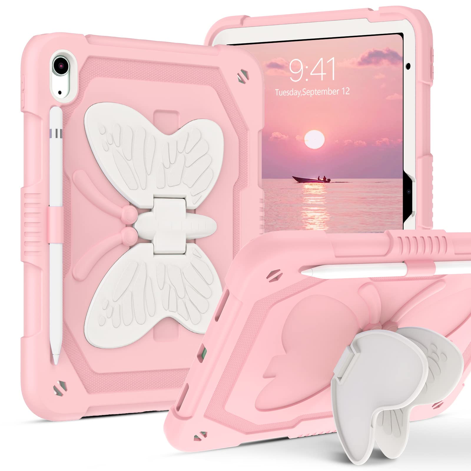 DUEDUE Kids Case for iPad (A16) 11th/10th Generation(2022/2025), Heavy Duty Shockproof Protective Kids Cover with Butterfly Wings Kickstand, Full Body Rugged Protection for iPad 10.9"/11"(Pink) — image 1