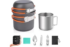Gurukim 6pcs Camping Cookware Set, 0.32Gal Pot and 0.16Gal Pan 0.13Gal Stainless Steel Cup Forks Knives Spoons Cleaning Tools