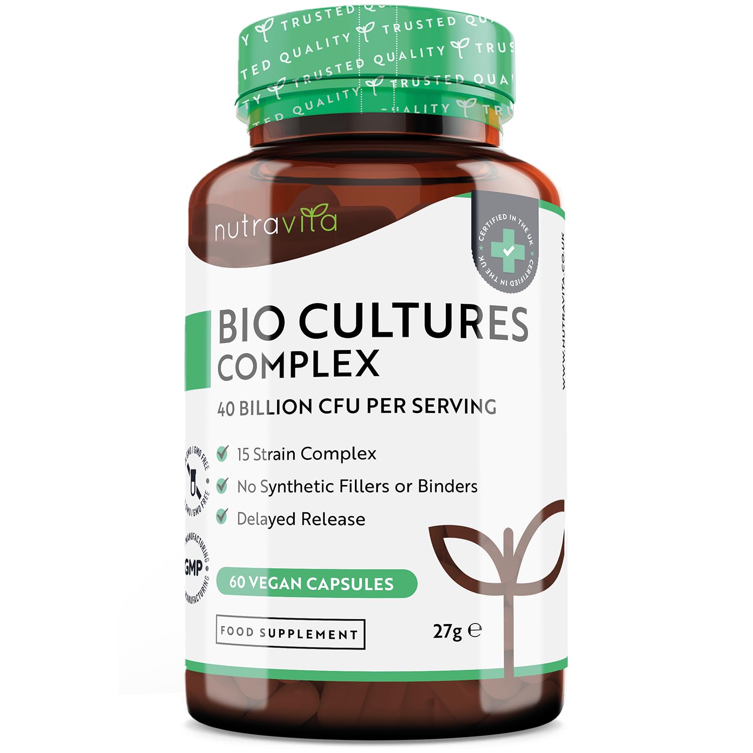 Nutravita Super Strength 40 Billion CFU Bio Cultures Complex with 15 Live Strains – Advanced Multi Strain Formula – Vegan Capsules – Digestive Enzyme Supplement for Men & Women