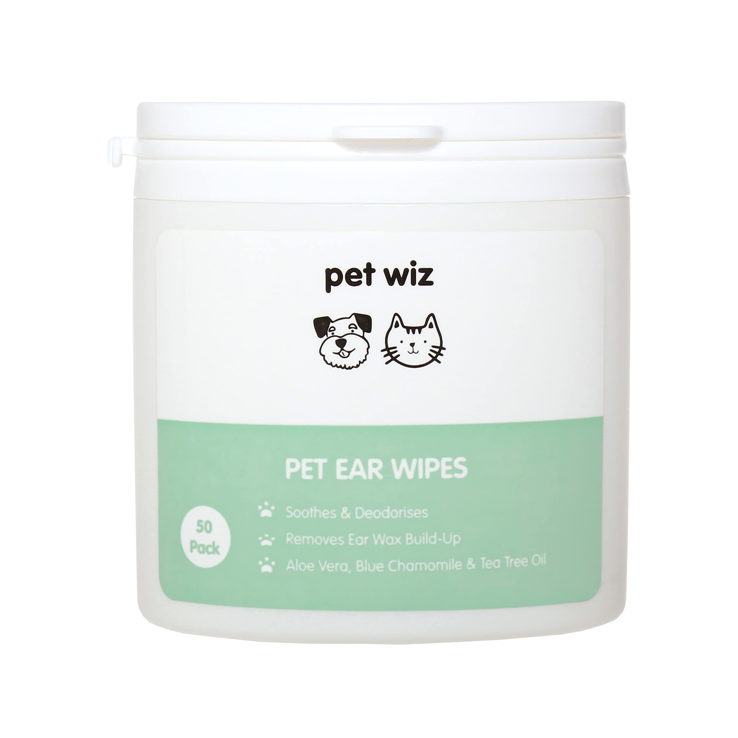 pet wiz Ear Wipes for Dogs & Cats. Clean, Soothe & Deodorise with Natural Active Ingredients Aloe Vera, Witch Hazel, Tea Tree Oil and Blue Chamomile Extract
