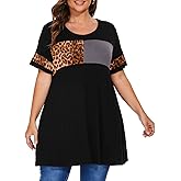 OVERWORETY Plus Size Tunics for Women Short Sleeve Animal Print Color Block Swing Tee Tops Shirts