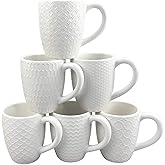Schliersee 12 OZ White Ceramic Coffee Mugs Set of 6, Stylish Embossed Coffee Cups Set for Coffee, Tea, Milk, Cocoa, Cereal