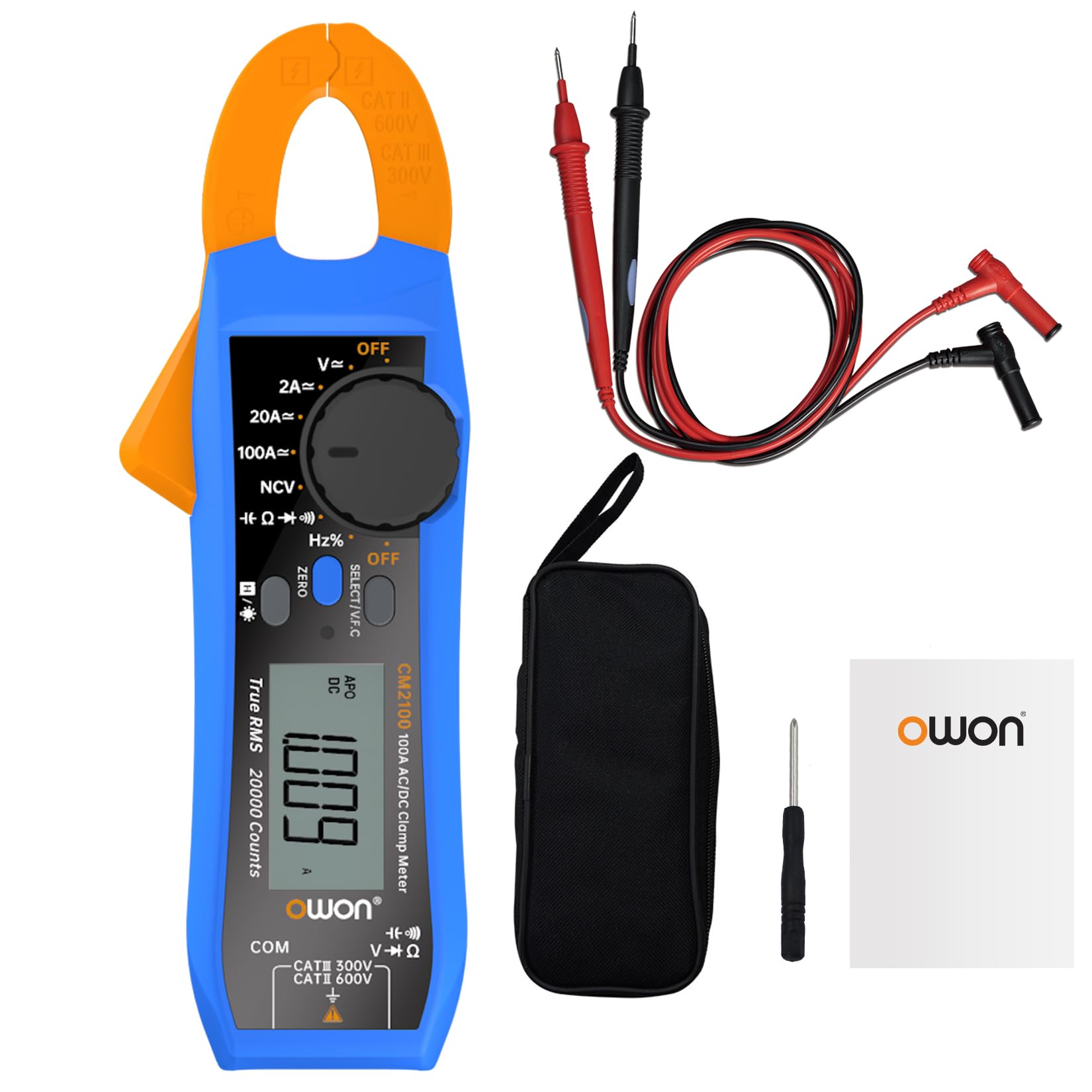 OWON CM2100 Mini Digital Clamp Meter 20000 Counts Handheld True RMS AC/DC Current and Voltage Test with VFC Overload Protection Resistance Capacitance Tester, 600V 100A NCV