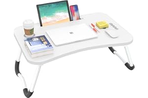 BUYIFY Folding Lap Desk, 23.6 Inch Portable Wood White Laptop Bed Desk Lap Desk with Cup Holder, for Working Reading Writing, Eating, Watching Movies for Bed Sofa Couch Floor
