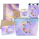 Personalized Gifts Monogrammed Birthday Gifts for Women, Cowerker Bride Wife Sister Wedding Christmas Initial Wine Tumbler Makeup Bag Scented Candle Bracelet Set, (Aesthetic Purple Flower C)
