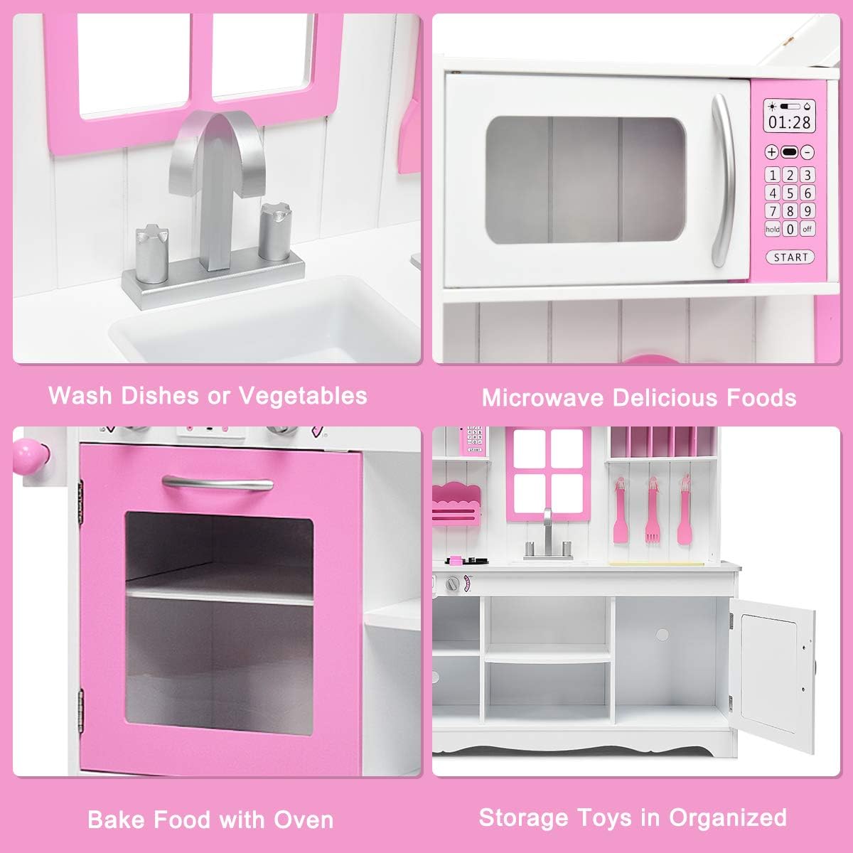 pink wooden kitchen with washing machine
