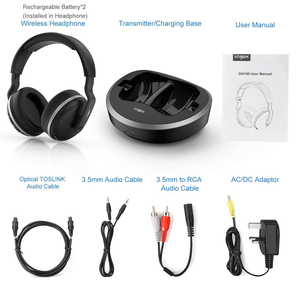 con stazione di ricarica del trasmettitore senza fili tecnologia RF in  fibra ottica stereo Hi-Fi circa 30 m 2,4 G ricaricabili per TV/PC/telefono  vogek Cuffie wireless per TV Cuffie da studio urban-earth.co.uk
